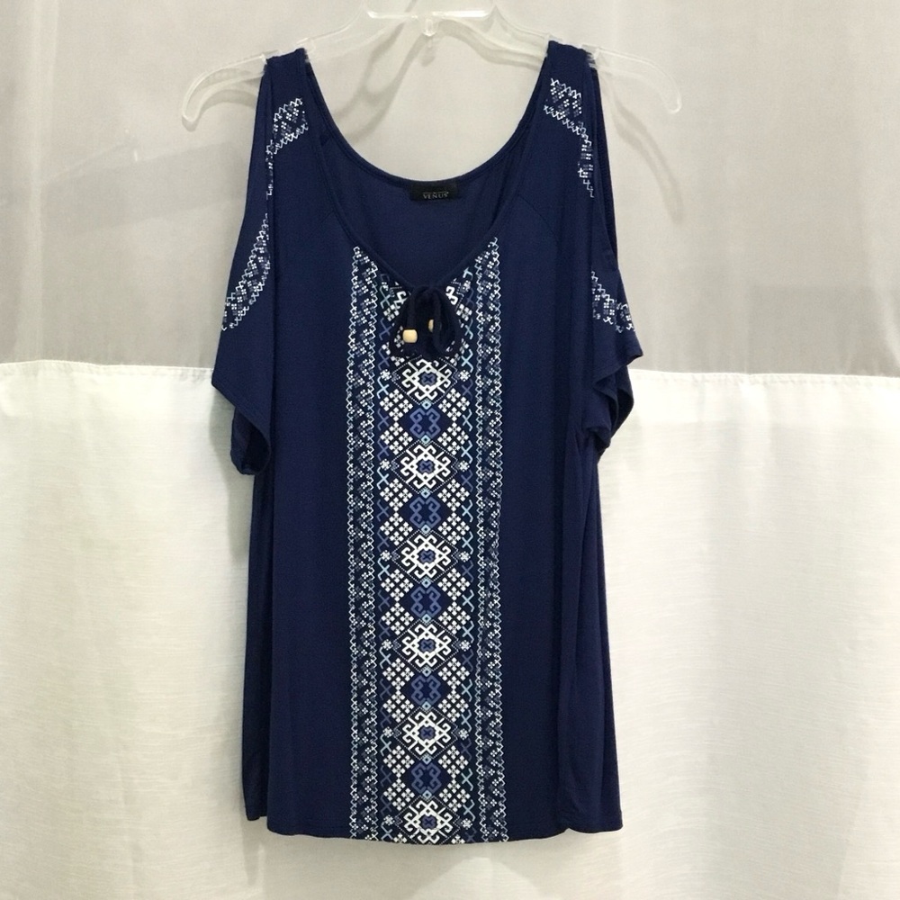 Venus Peasant Blouse Size M Blue Cold Shoulder Casual Relaxed Fit Boho Style